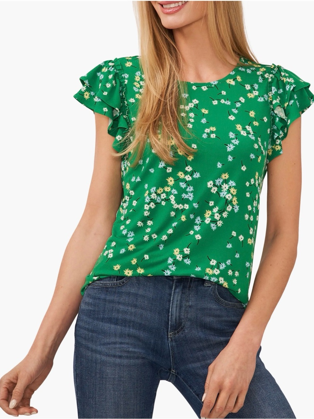 CeCe Green Floral Ruffle-Sleeve Blouse